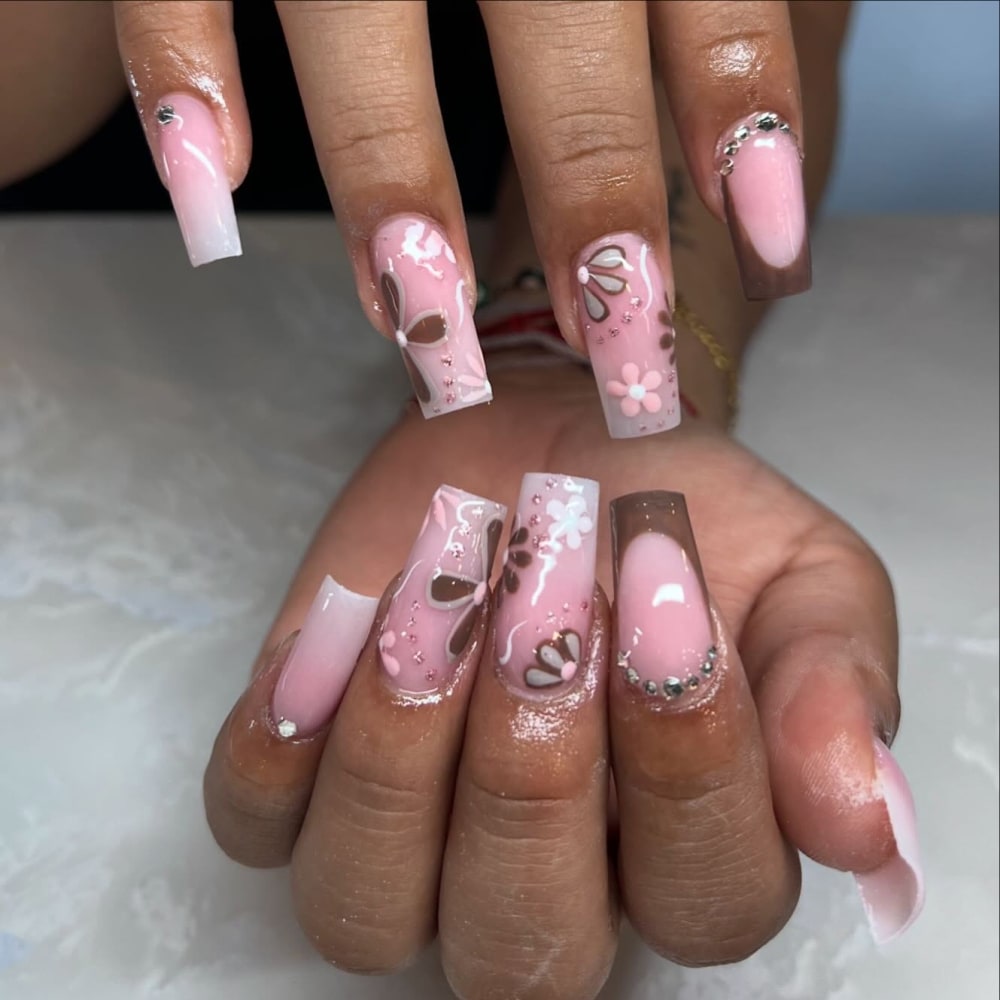 pink and white nail art and french nails, coffin shape — nail salon in Calhoun, GA — Sonny & Tee