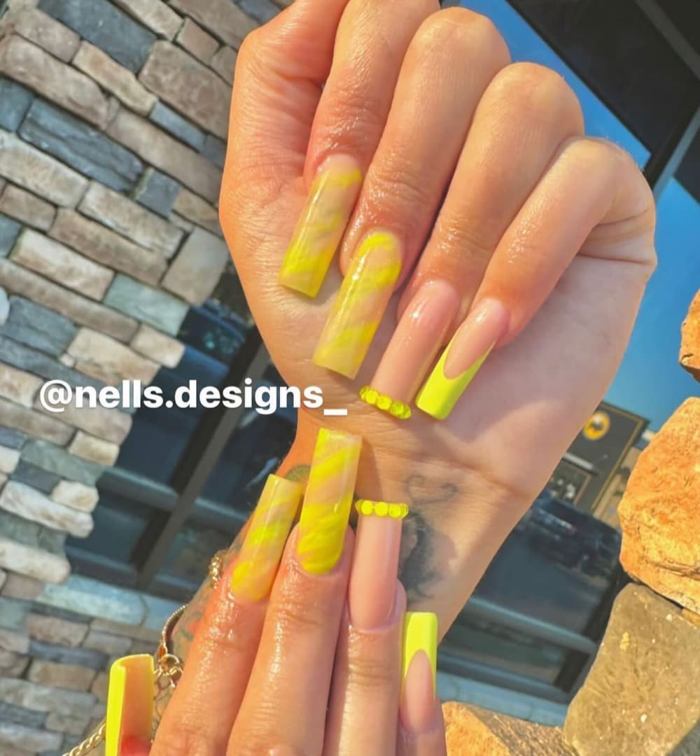 gold and nude french and nail art nails, square shape — nail salon in Calhoun, GA — Sonny & Tee