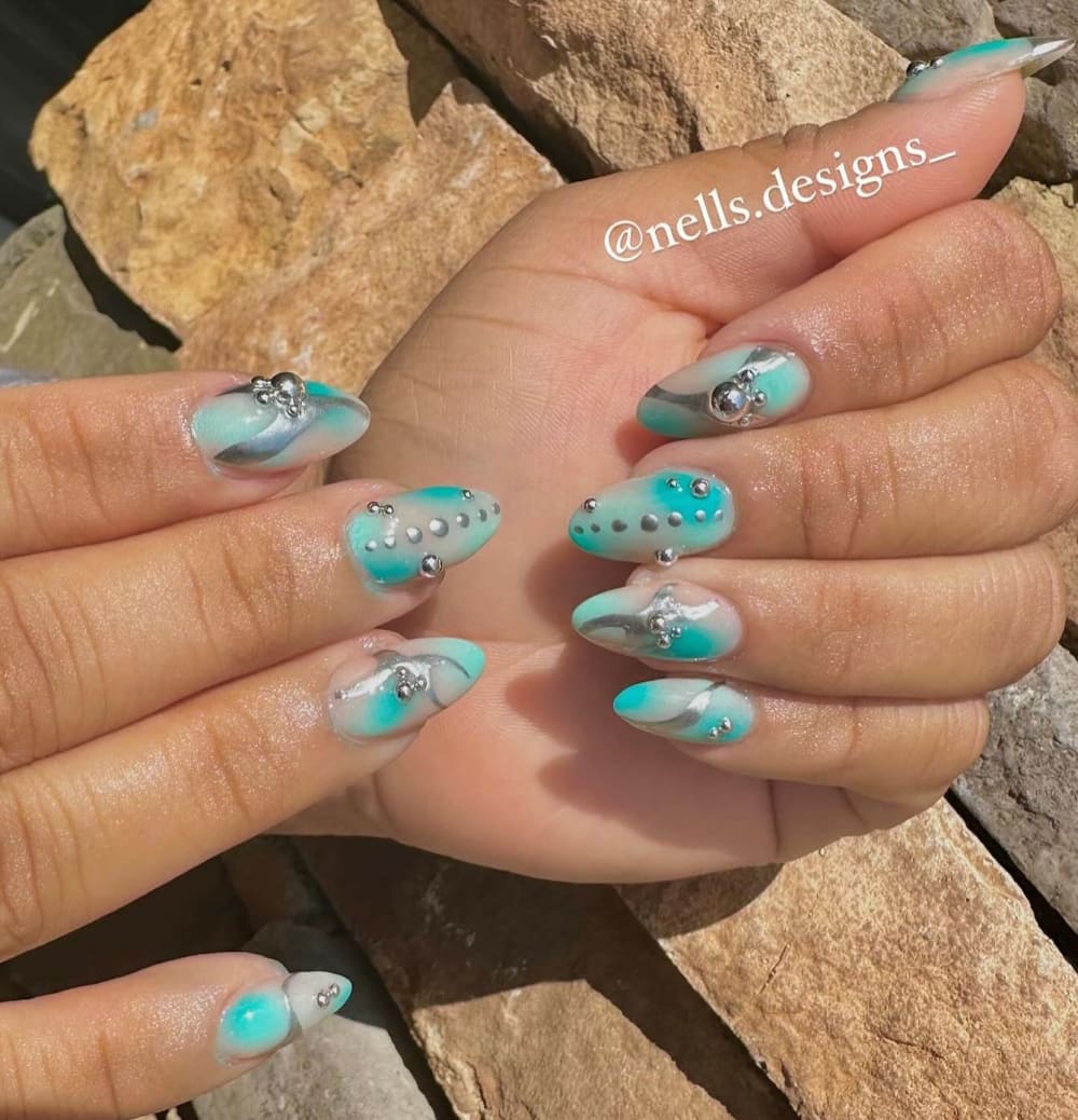 blue and nude chrome, nail art and french nails, almond shape — nail salon in Calhoun, GA — Sonny & Tee
