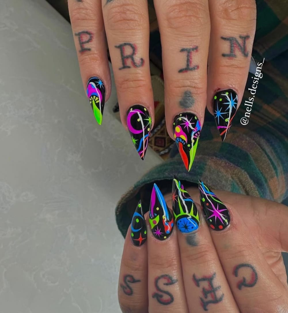 black and green nail art nails, stiletto shape — nail salon in Calhoun, GA — Sonny & Tee