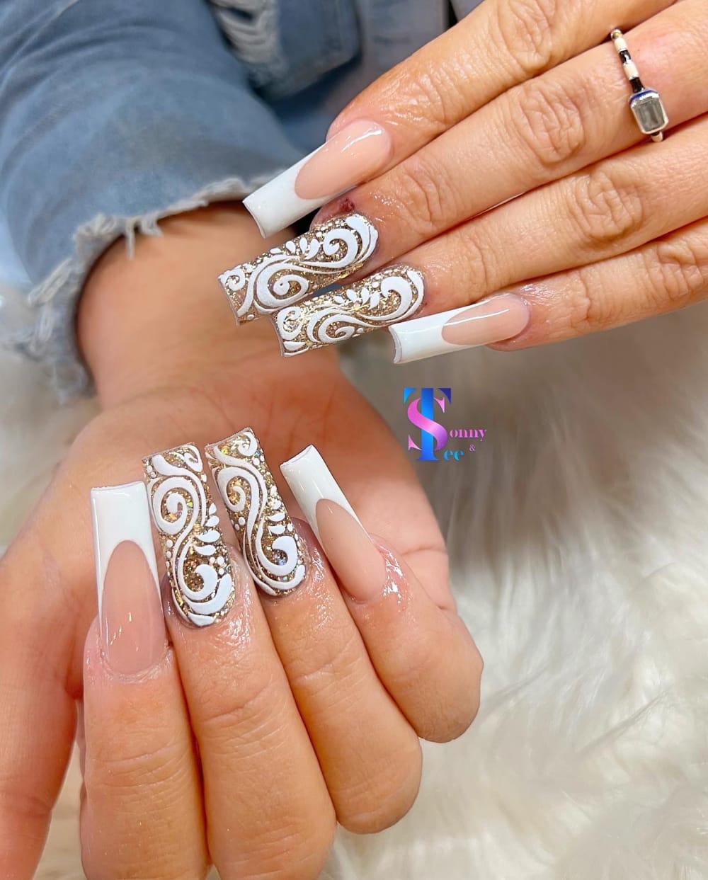 white and nude french, 3D and nail art nails, square shape — nail salon in Calhoun, GA — Sonny & Tee