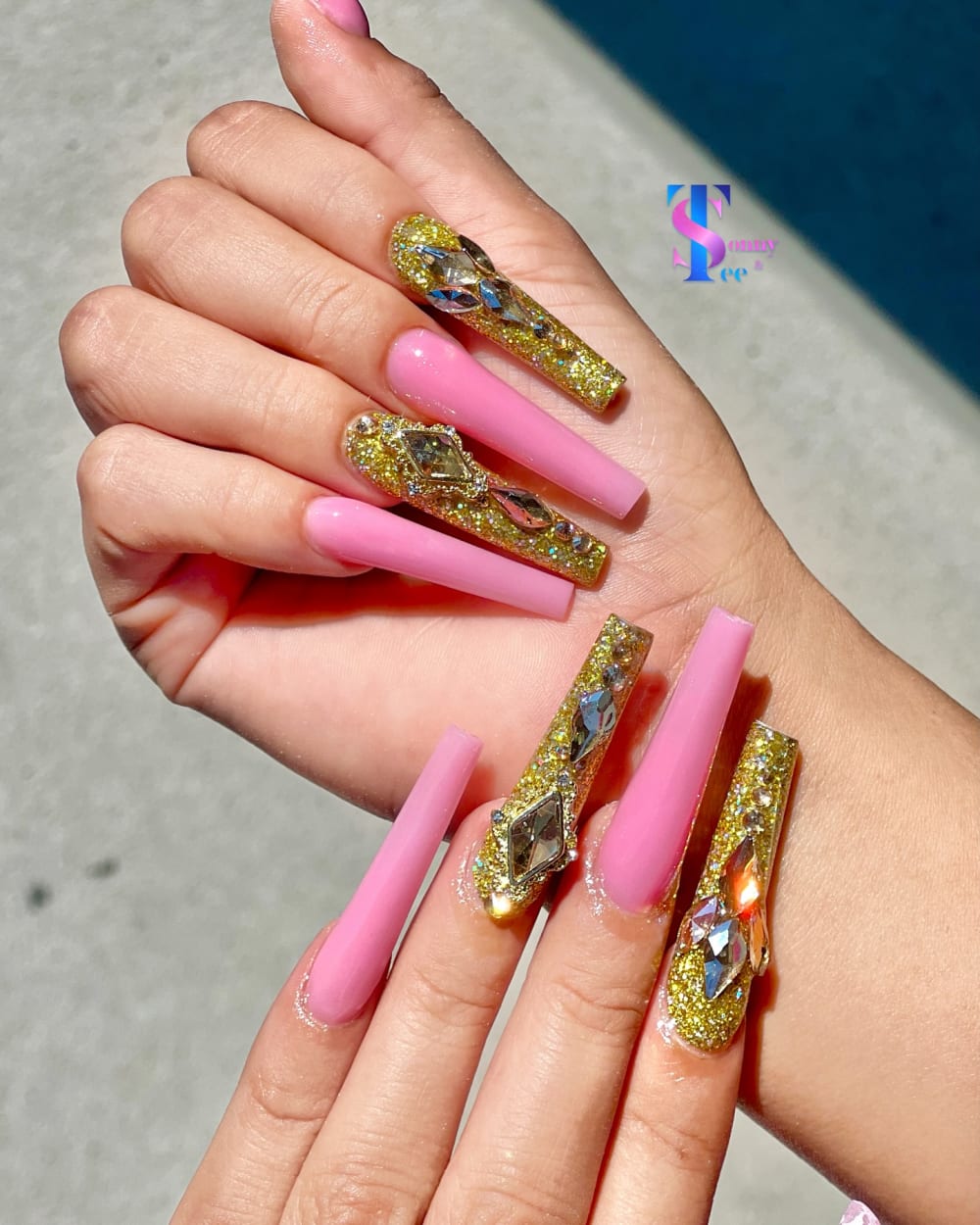 pink and gold glitter and 3D nails, coffin shape — nail salon in Calhoun, GA — Sonny & Tee