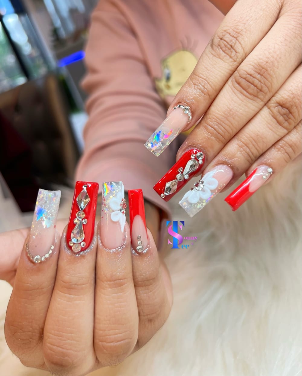 red and white 3D, glitter and nail art nails, coffin shape — nail salon in Calhoun, GA — Sonny & Tee
