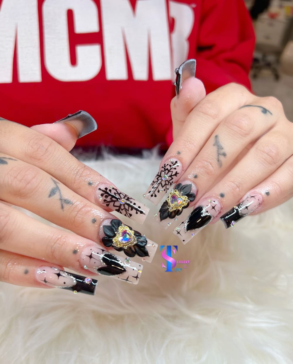 black and nude french, 3D and nail art nails, coffin shape — nail salon in Calhoun, GA — Sonny & Tee