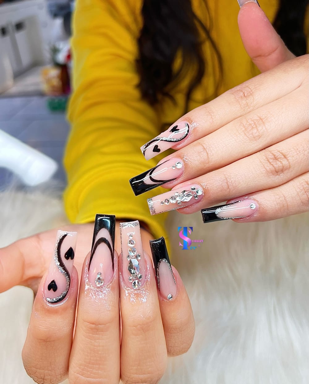 nude and black nail art, 3D and glitter nails, square shape — nail salon in Calhoun, GA — Sonny & Tee