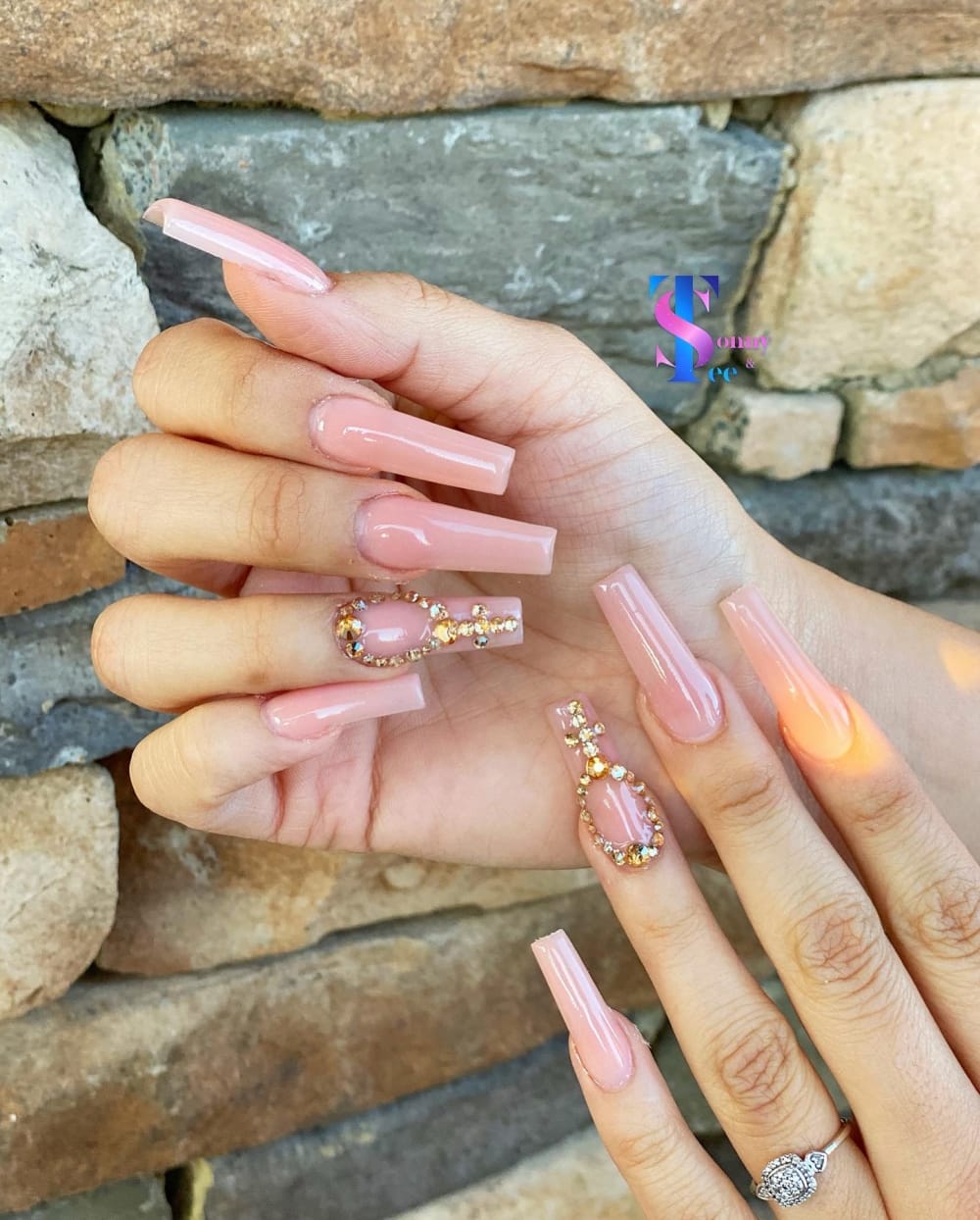 nude and pink 3D and minimal nails, coffin shape — nail salon in Calhoun, GA — Sonny & Tee