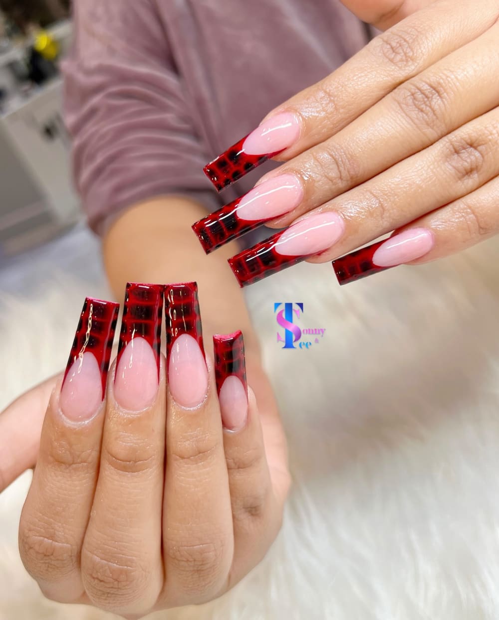 red and black french and nail art nails, coffin shape — nail salon in Calhoun, GA — Sonny & Tee