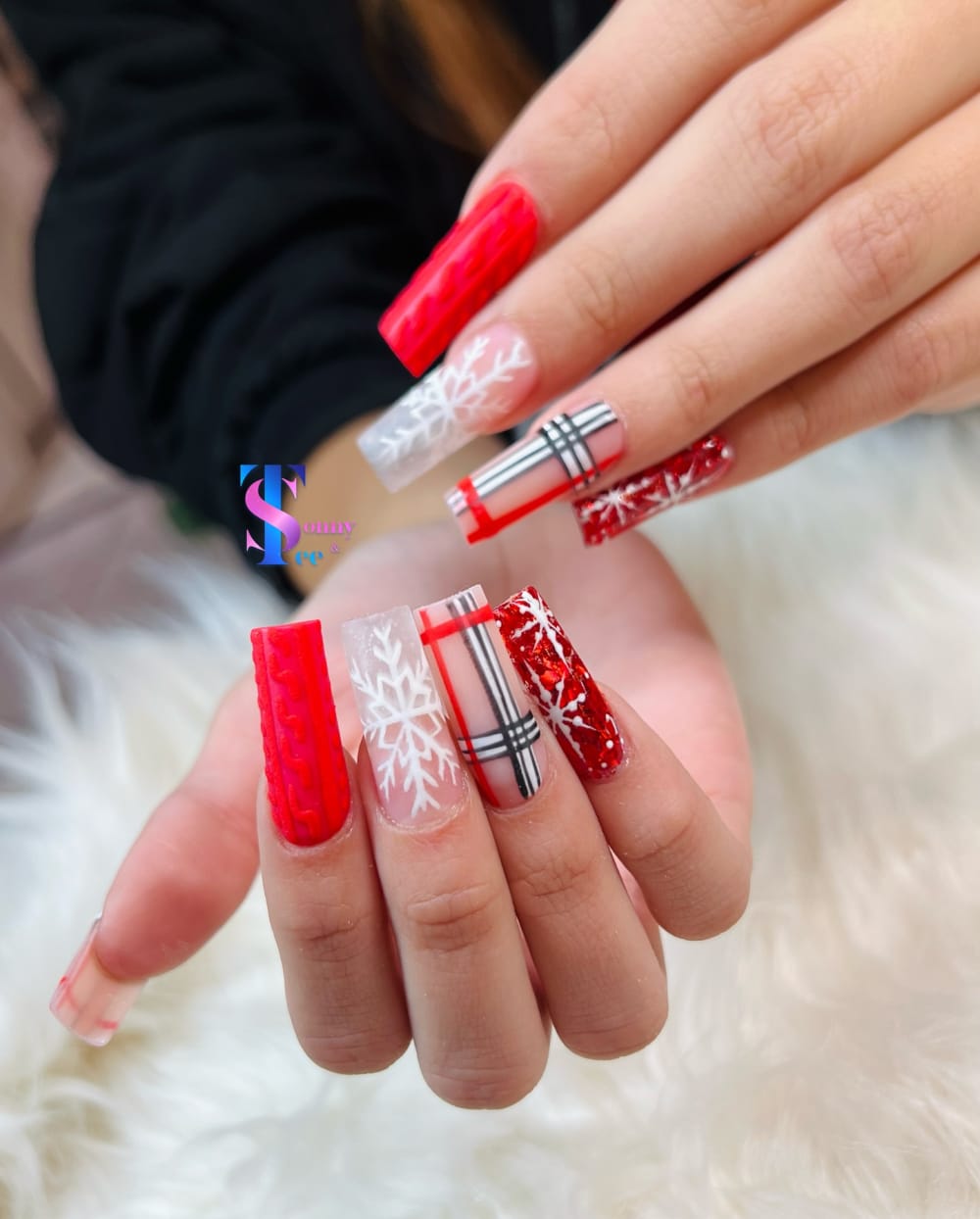 red and white nail art, glitter and french nails, square shape — nail salon in Calhoun, GA — Sonny & Tee