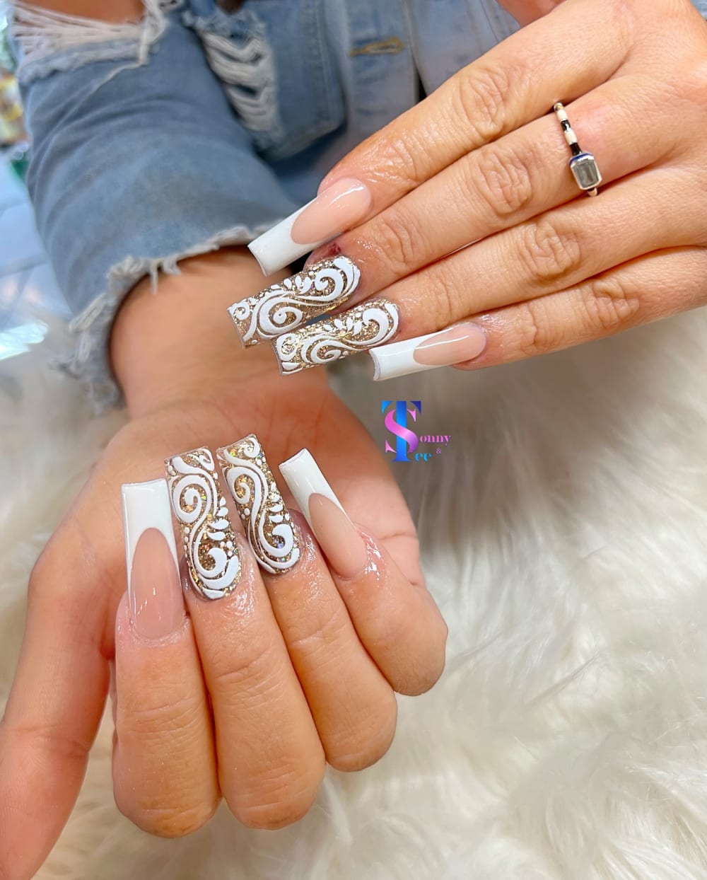 white and nude french, 3D and nail art nails, square shape — nail salon in Calhoun, GA — Sonny & Tee