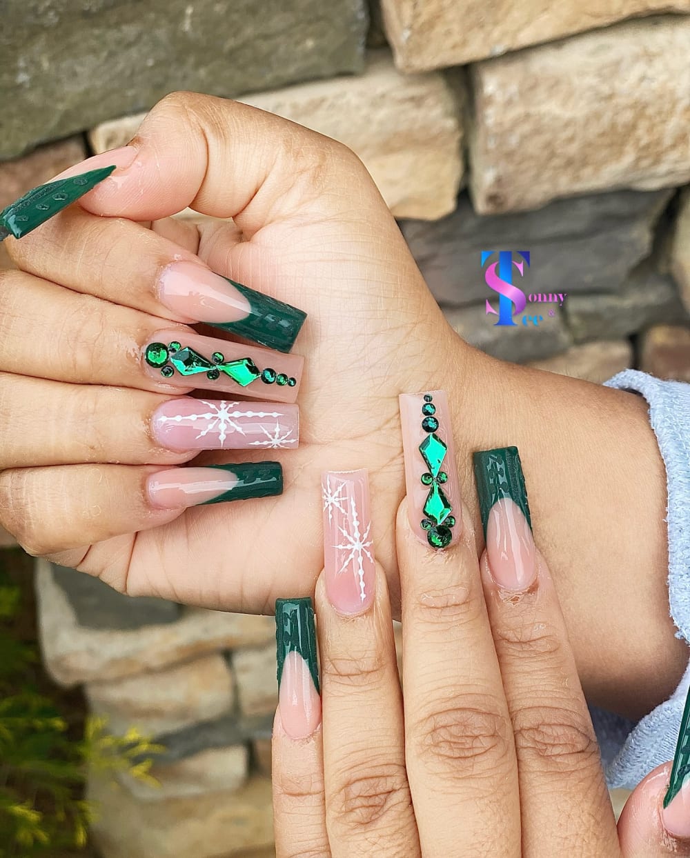 green and nude french, 3D and nail art nails, coffin shape — nail salon in Calhoun, GA — Sonny & Tee