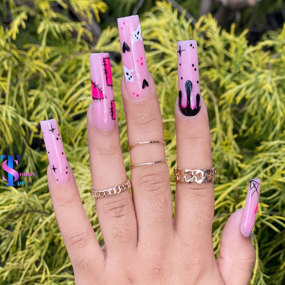 pink and black nail art nails, coffin shape — nail salon in Calhoun, GA — Sonny & Tee