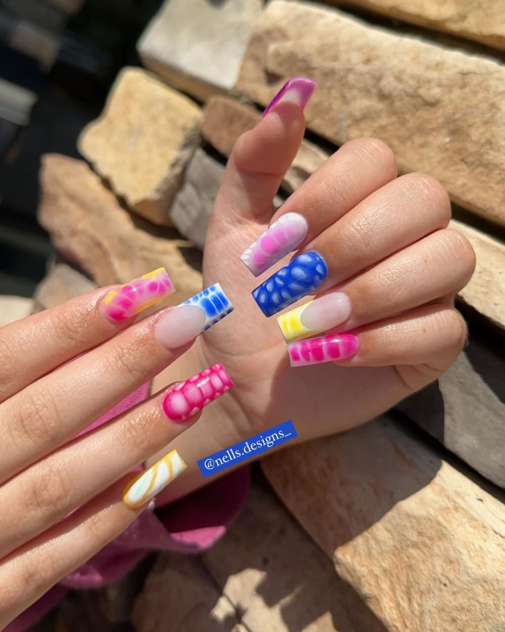 pink and blue nail art nails, square shape — nail salon in Calhoun, GA — Sonny & Tee