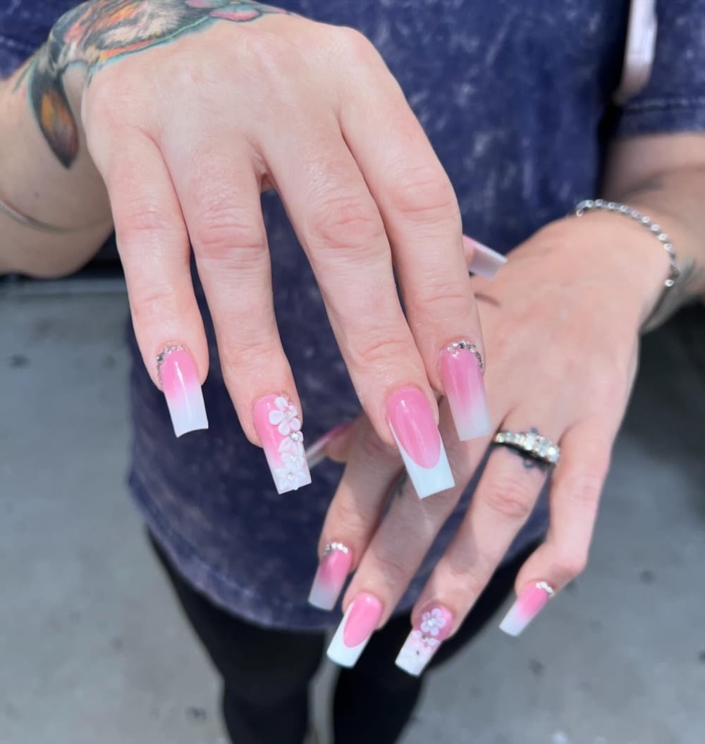 pink and white ombré, 3D and nail art nails, coffin shape — nail salon in Calhoun, GA — Sonny & Tee