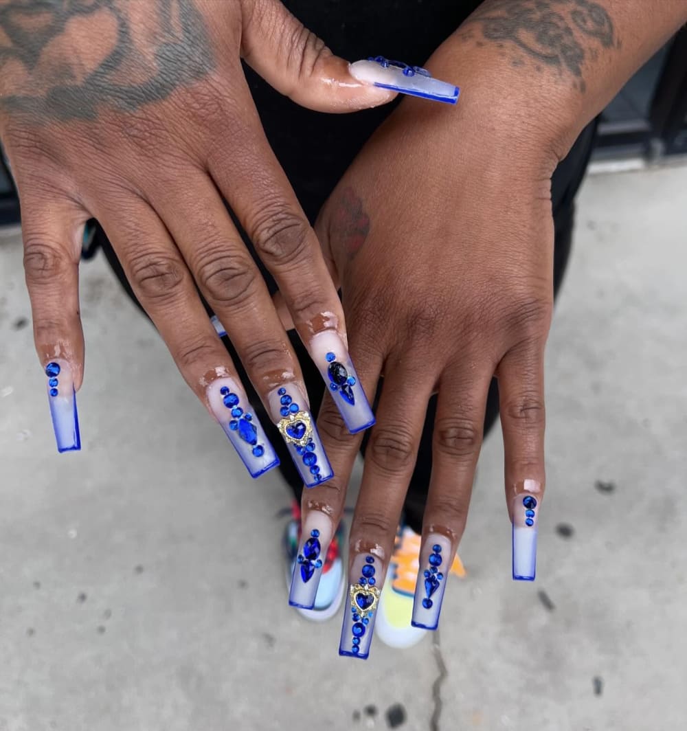 blue and white french, 3D and nail art nails, coffin shape — nail salon in Calhoun, GA — Sonny & Tee