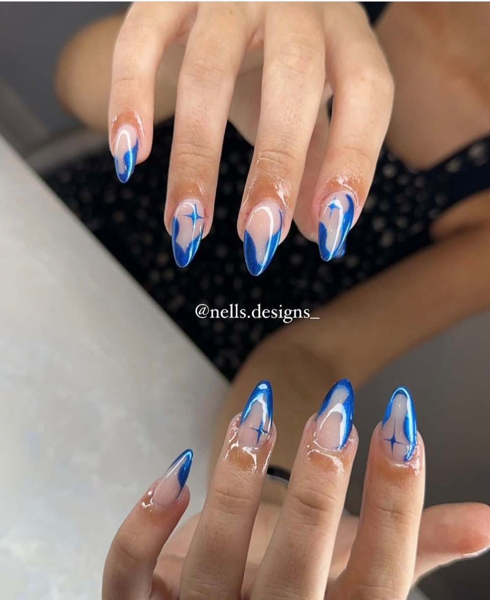 blue and nude nail art and chrome nails, almond shape — nail salon in Calhoun, GA — Sonny & Tee