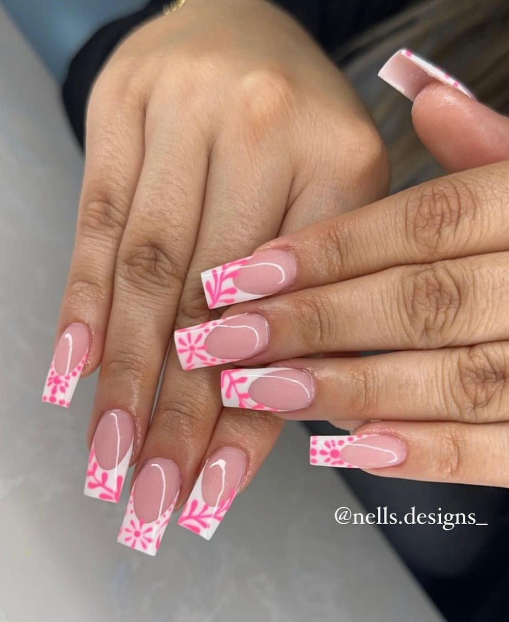 pink and white french and nail art nails, coffin shape — nail salon in Calhoun, GA — Sonny & Tee