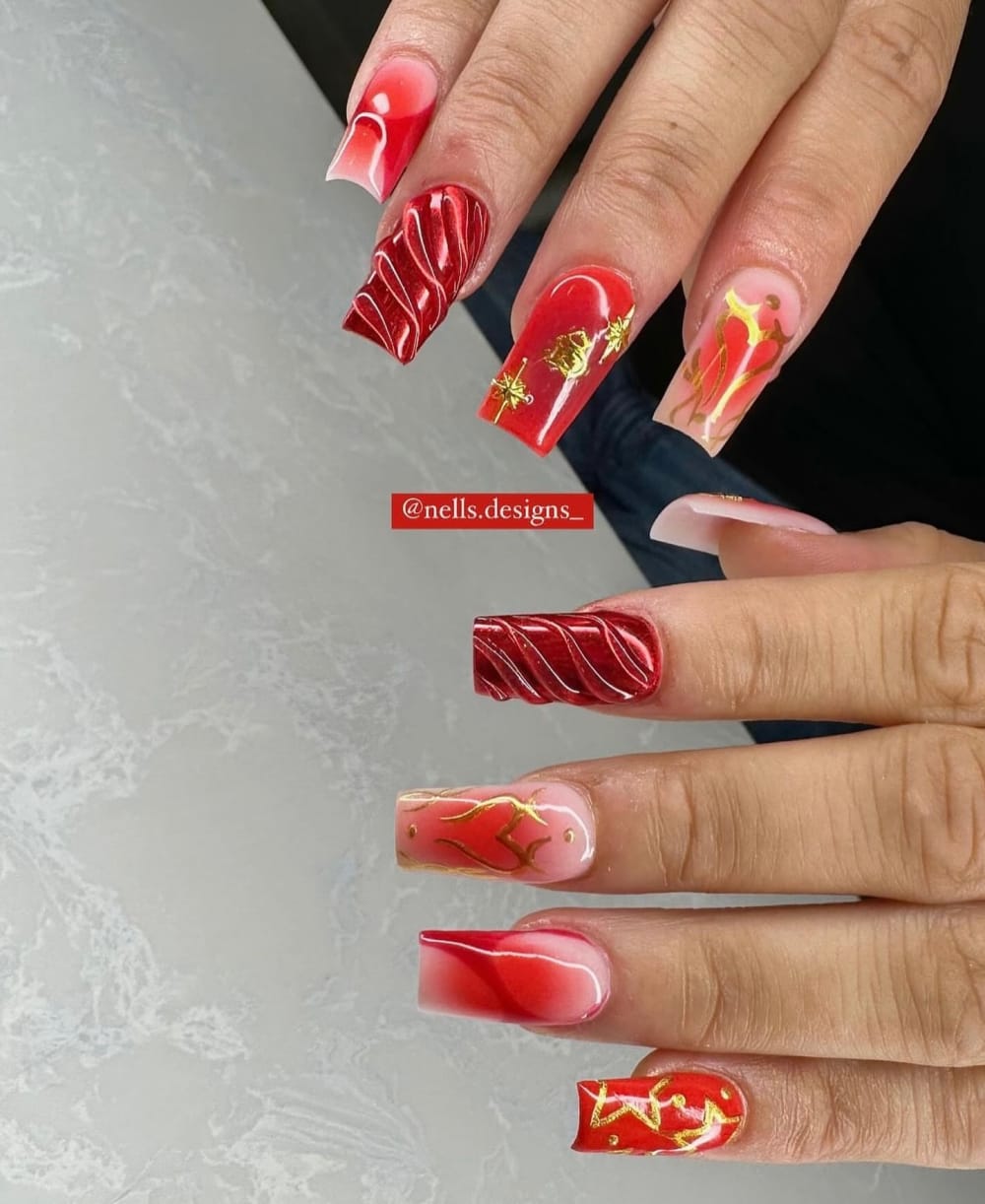 red and gold nail art nails, coffin shape — nail salon in Calhoun, GA — Sonny & Tee