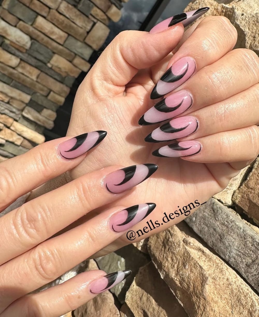 black and nude nail art nails, stiletto shape — nail salon in Calhoun, GA — Sonny & Tee