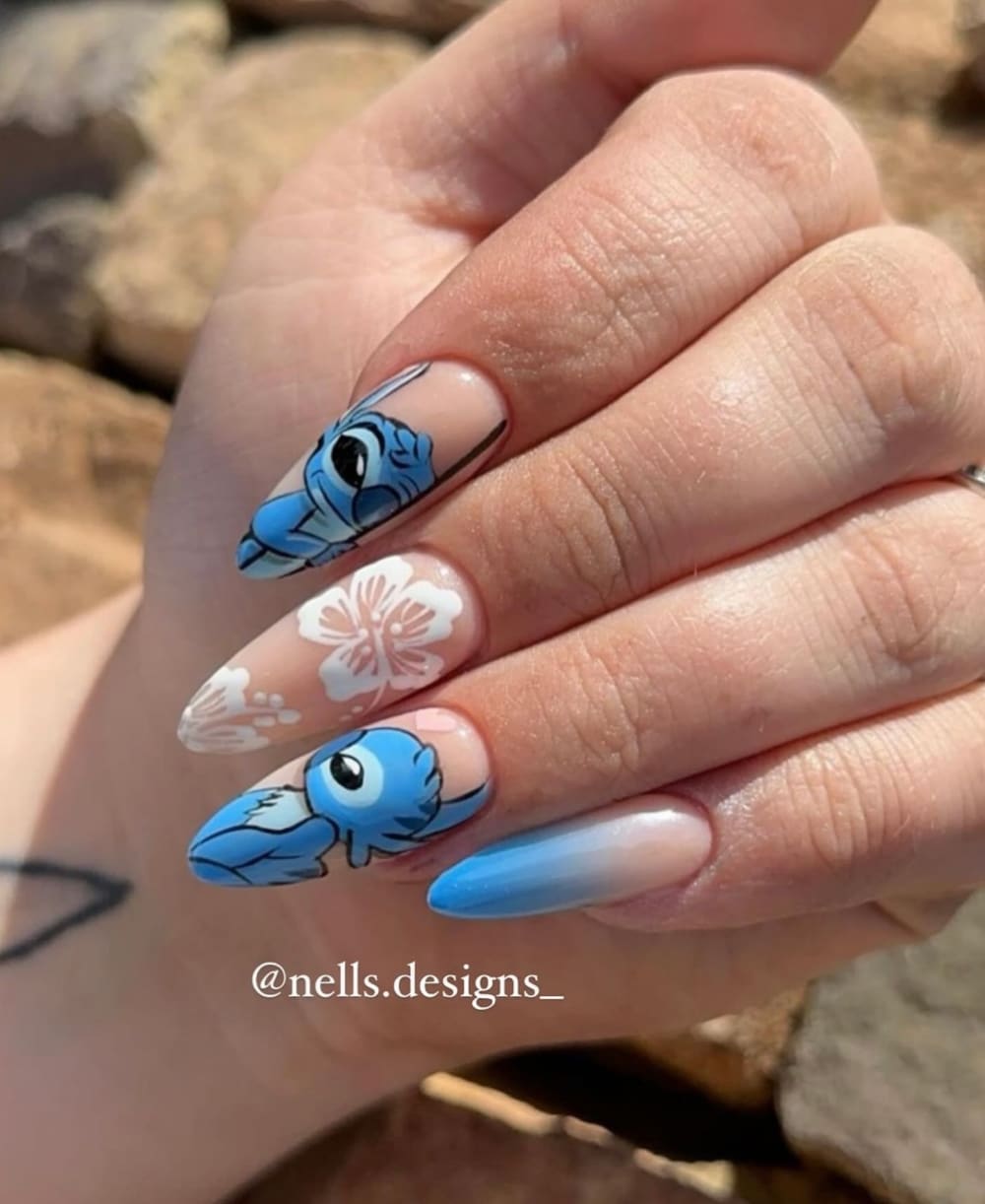 blue and white nail art and ombré nails, almond shape — nail salon in Calhoun, GA — Sonny & Tee
