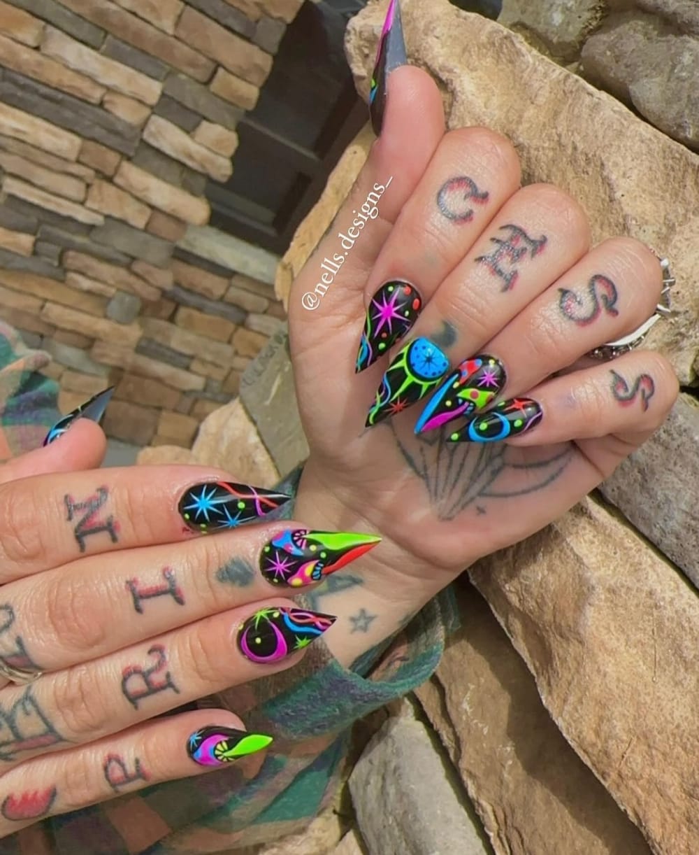 black and pink nail art nails, stiletto shape — nail salon in Calhoun, GA — Sonny & Tee