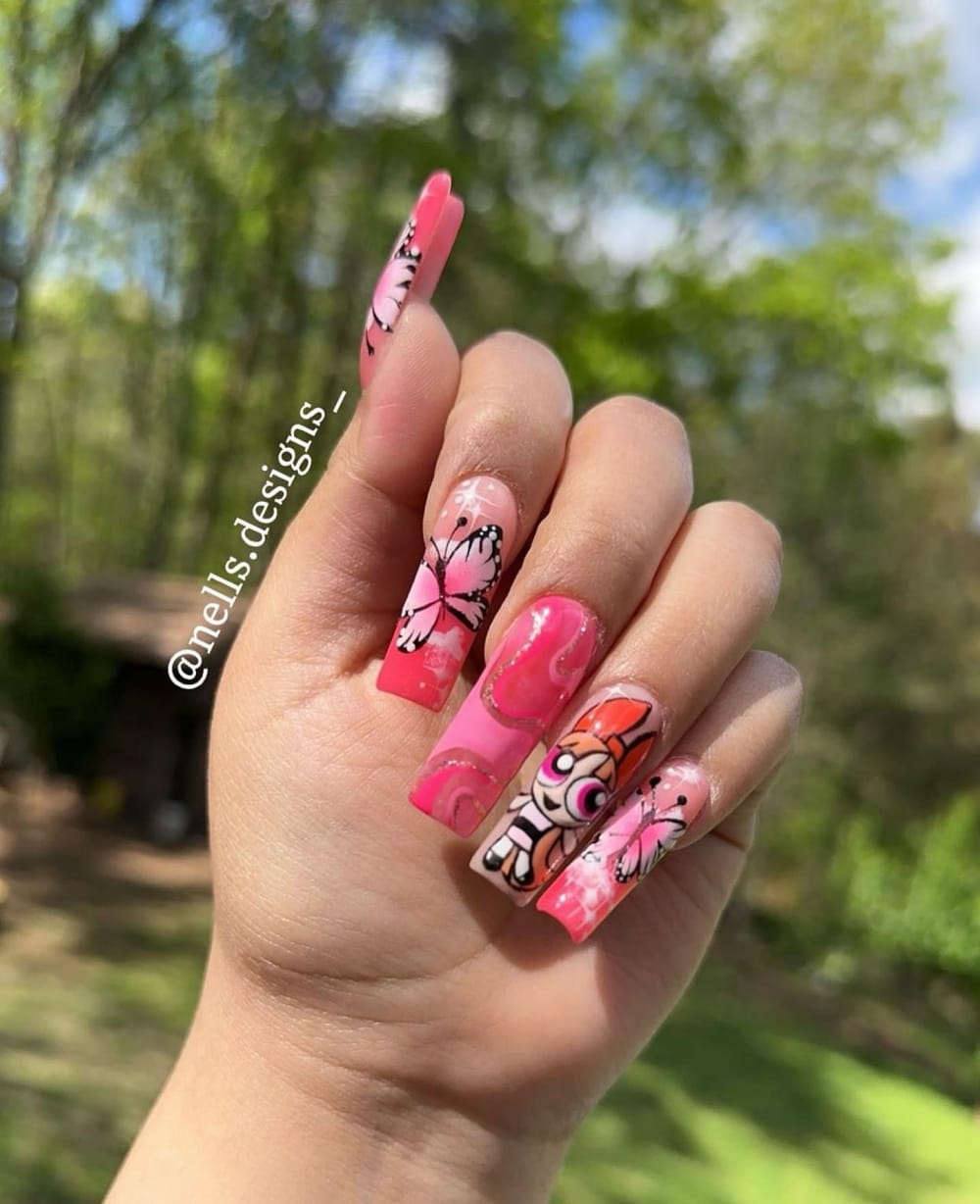 pink and white nail art nails, coffin shape — nail salon in Calhoun, GA — Sonny & Tee