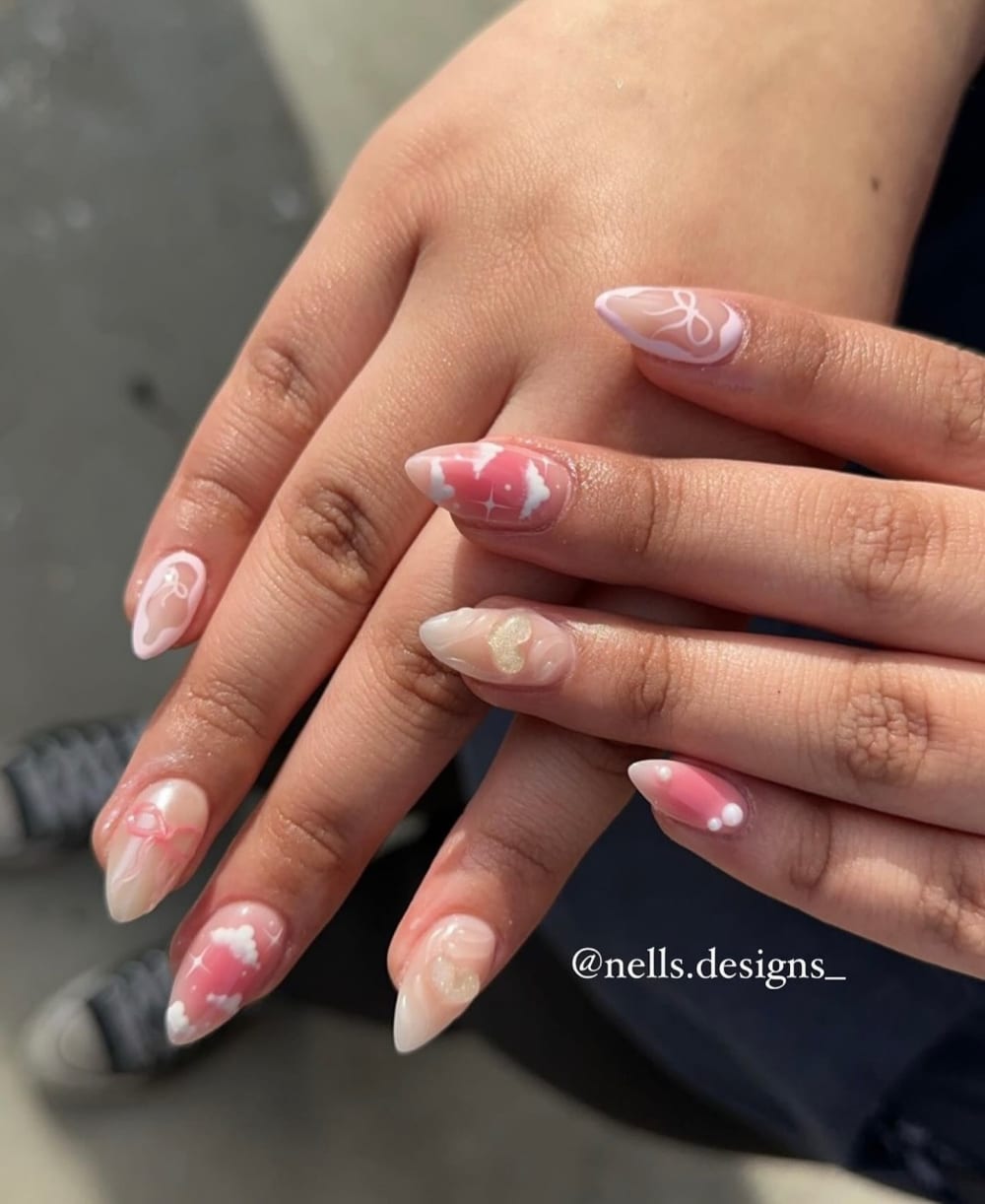 pink and white nail art nails, almond shape — nail salon in Calhoun, GA — Sonny & Tee