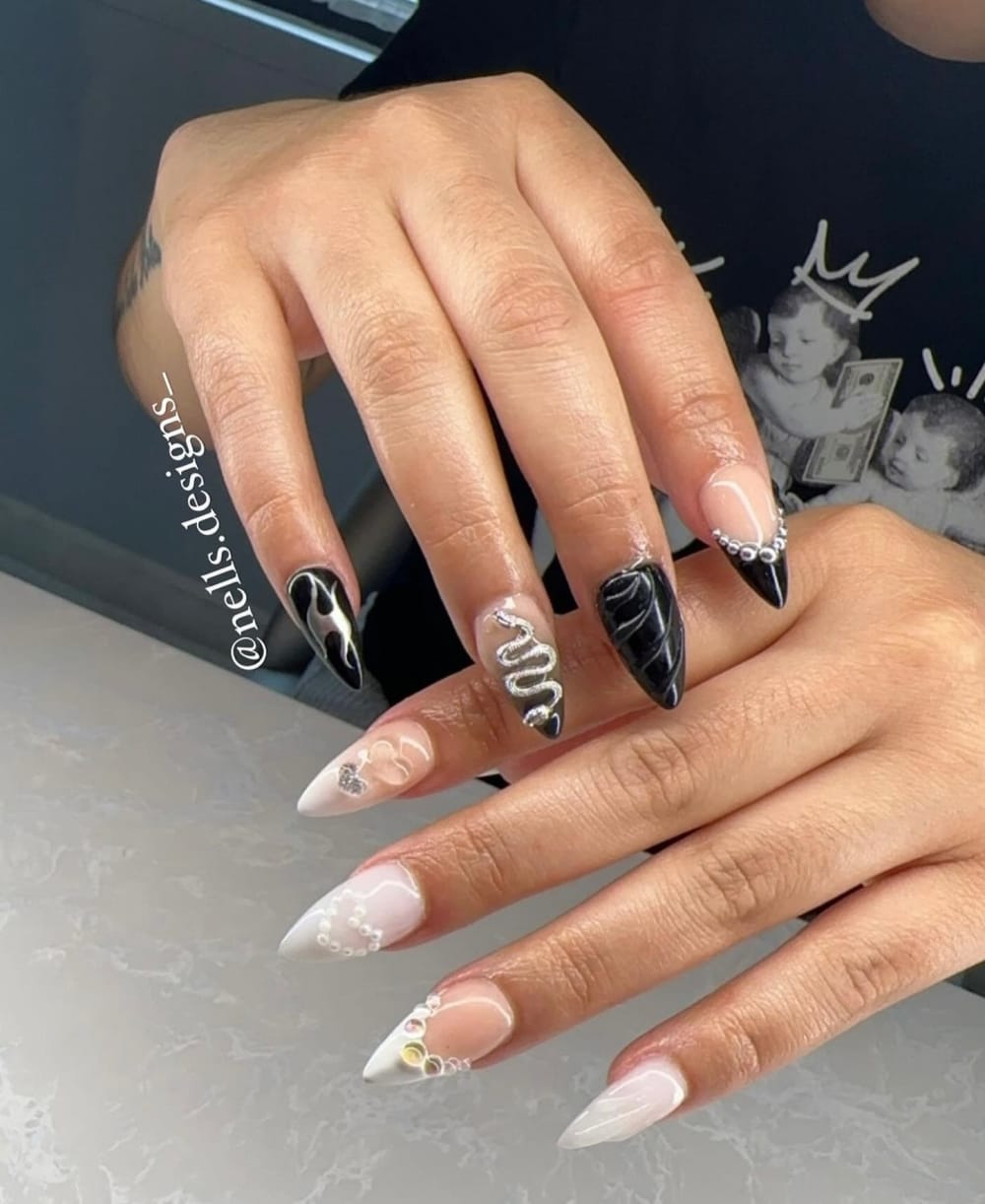 black and white nail art, 3D and french nails, almond shape — nail salon in Calhoun, GA — Sonny & Tee