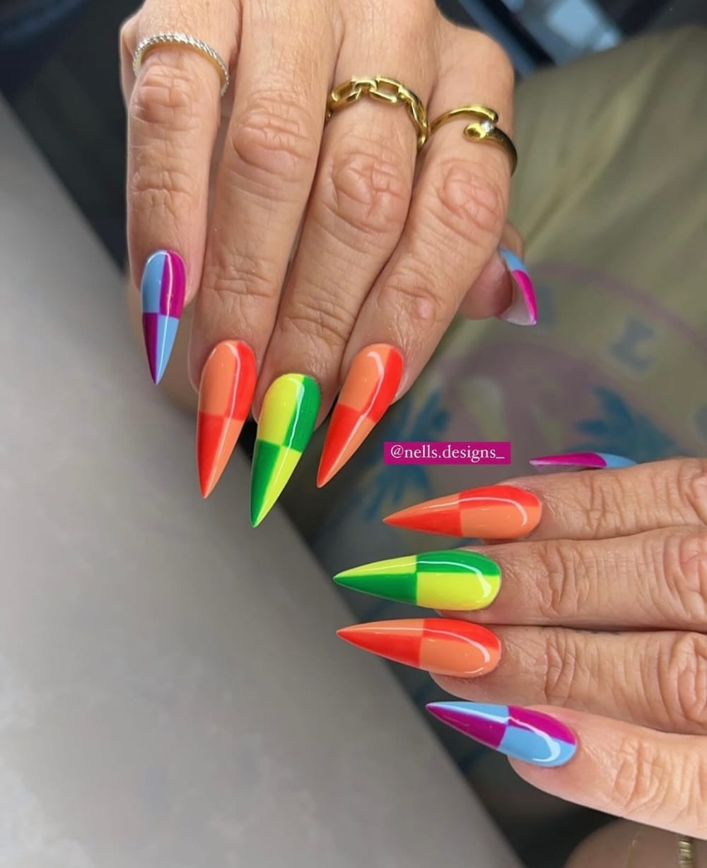 green and blue nail art nails, stiletto shape — nail salon in Calhoun, GA — Sonny & Tee