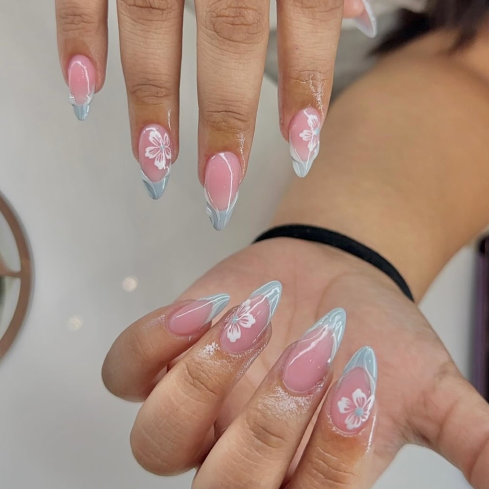 pink and blue french and nail art nails, almond shape — nail salon in Calhoun, GA — Sonny & Tee