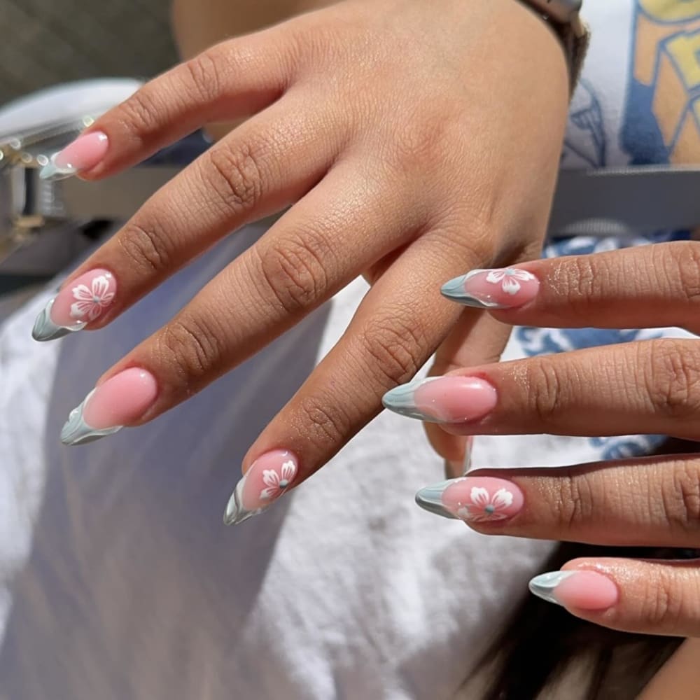 pink and blue french and nail art nails, almond shape — nail salon in Calhoun, GA — Sonny & Tee