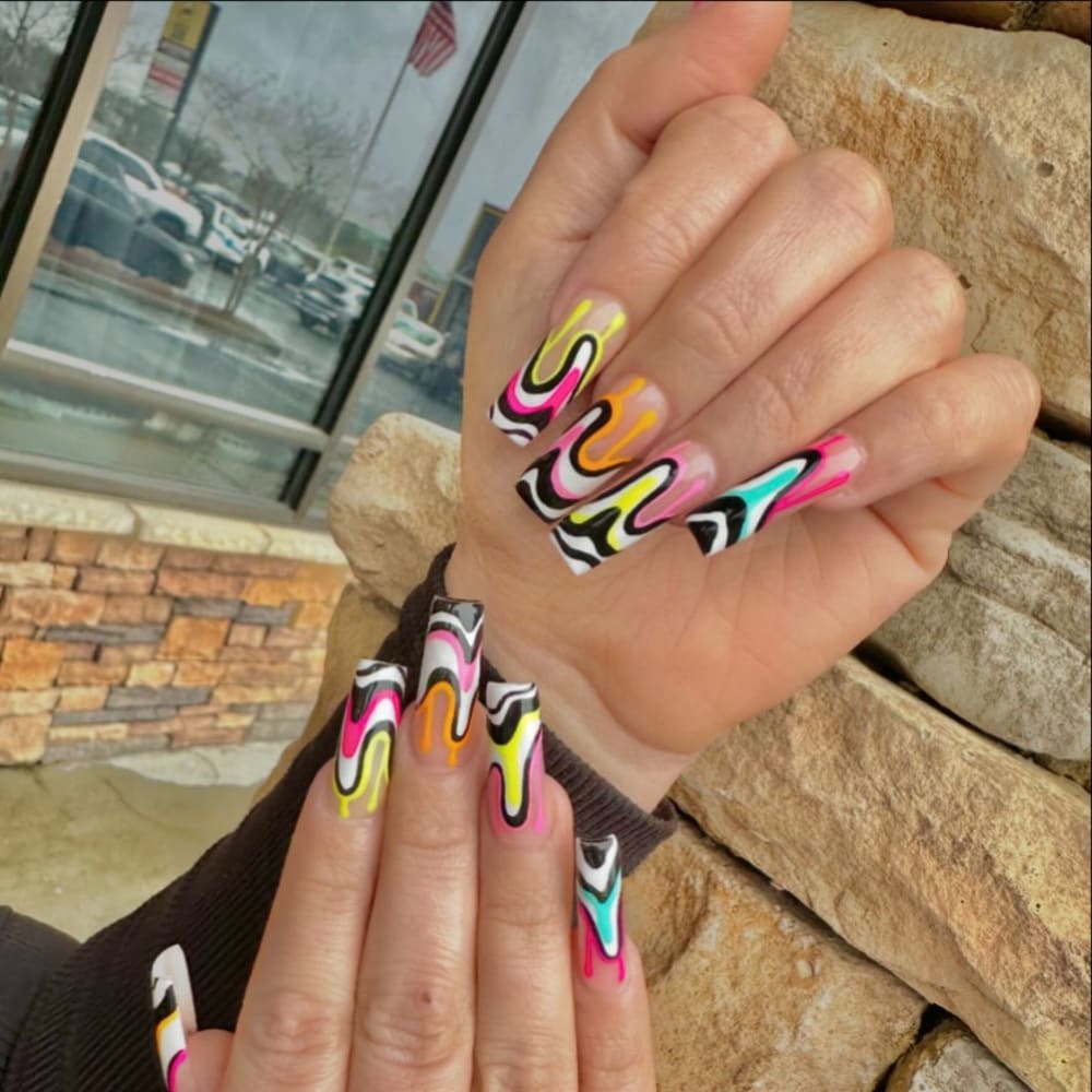 white and black nail art nails, coffin shape — nail salon in Calhoun, GA — Sonny & Tee