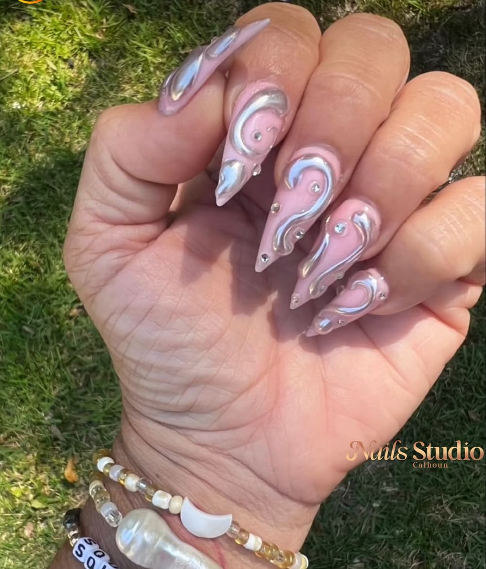 pink and chrome 3D, chrome and nail art nails, stiletto shape — nail salon in Calhoun, GA — Sonny & Tee