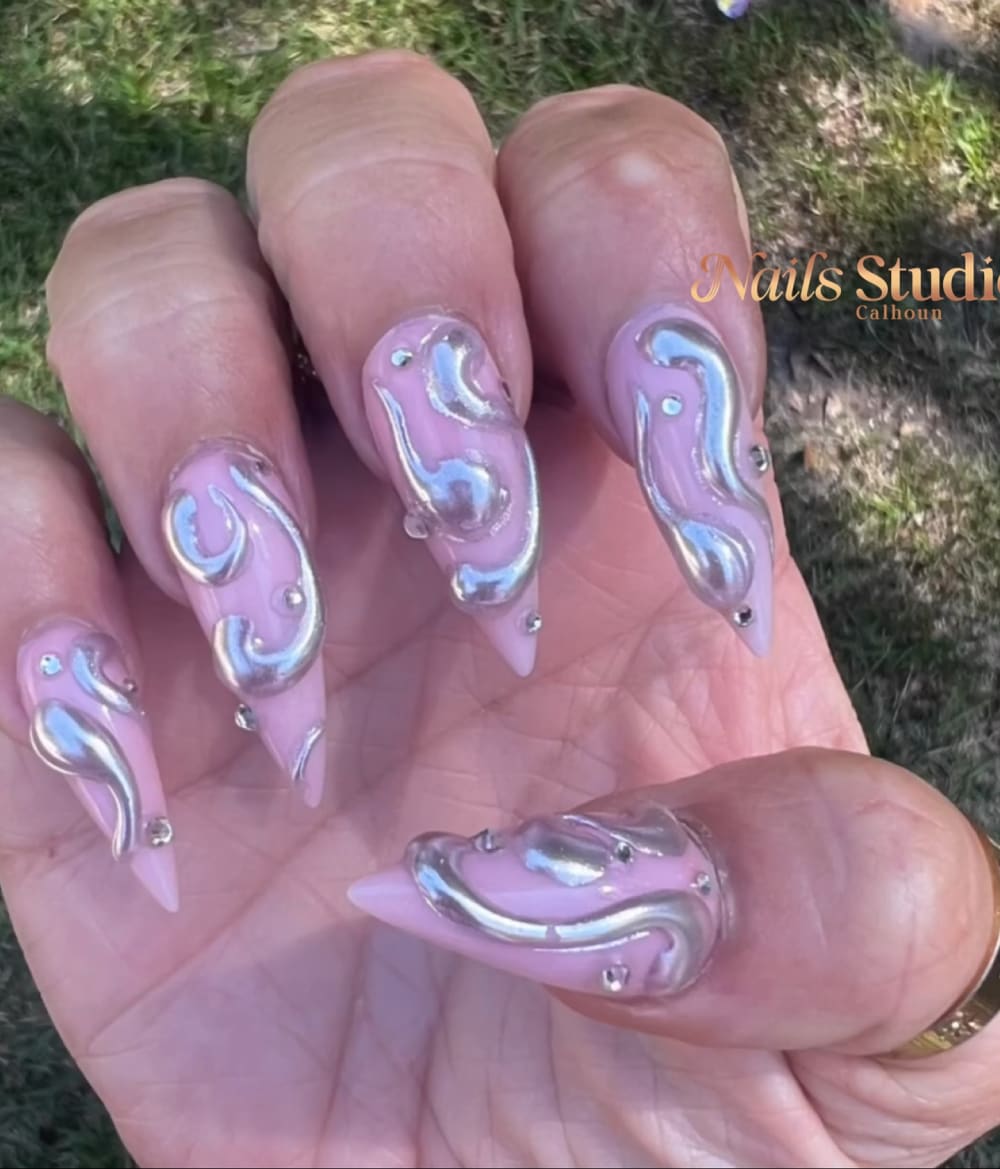 pink and chrome 3D, chrome and nail art nails, stiletto shape — nail salon in Calhoun, GA — Sonny & Tee