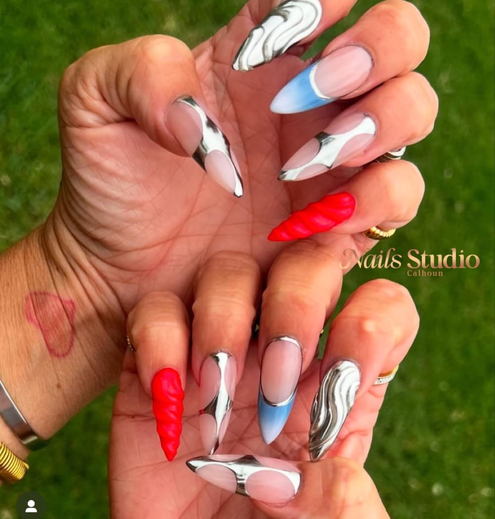chrome and white chrome, nail art and french nails, stiletto shape — nail salon in Calhoun, GA — Sonny & Tee