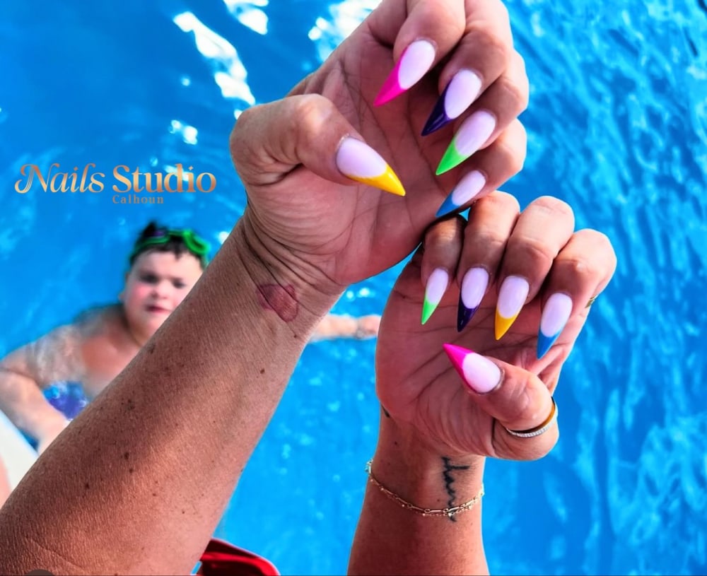 pink and white french and nail art nails, stiletto shape — nail salon in Calhoun, GA — Sonny & Tee