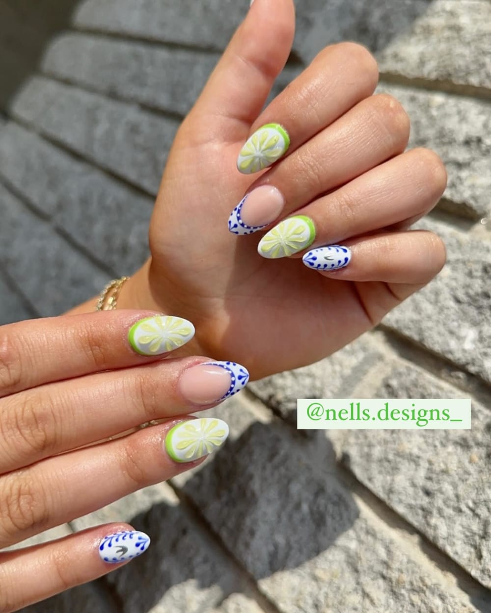 green and blue nail art and french nails, almond shape — nail salon in Calhoun, GA — Sonny & Tee