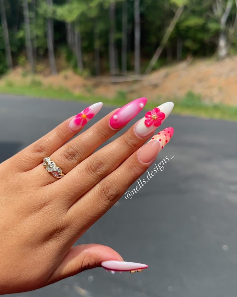 pink and white 3D, french and nail art nails, almond shape — nail salon in Calhoun, GA — Sonny & Tee