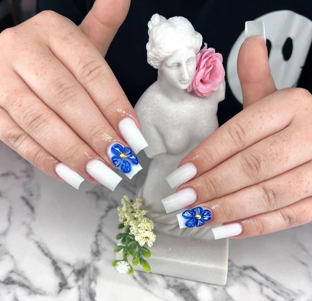 white and blue 3D and french nails, square shape — nail salon in Calhoun, GA — Sonny & Tee