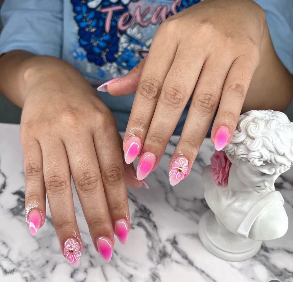 pink and white ombré and nail art nails, almond shape — nail salon in Calhoun, GA — Sonny & Tee