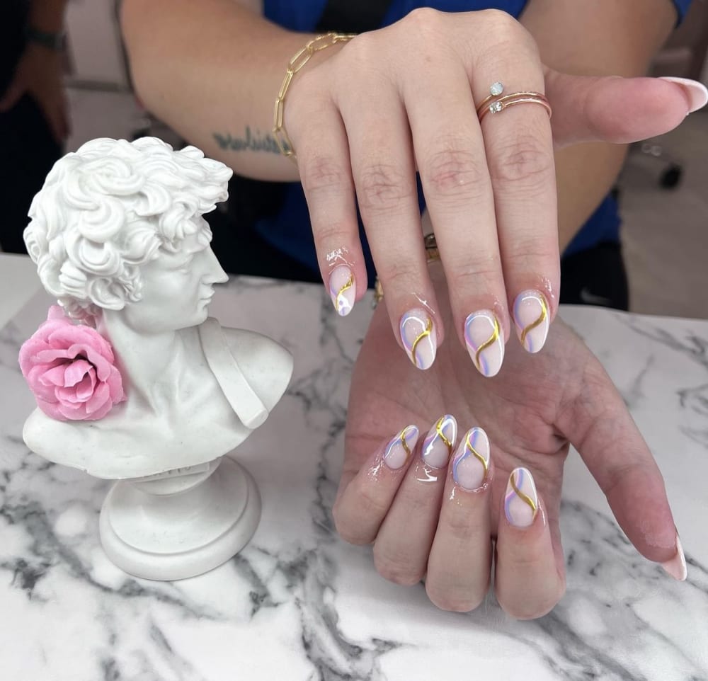 white and gold chrome and minimal nails, almond shape — nail salon in Calhoun, GA — Sonny & Tee