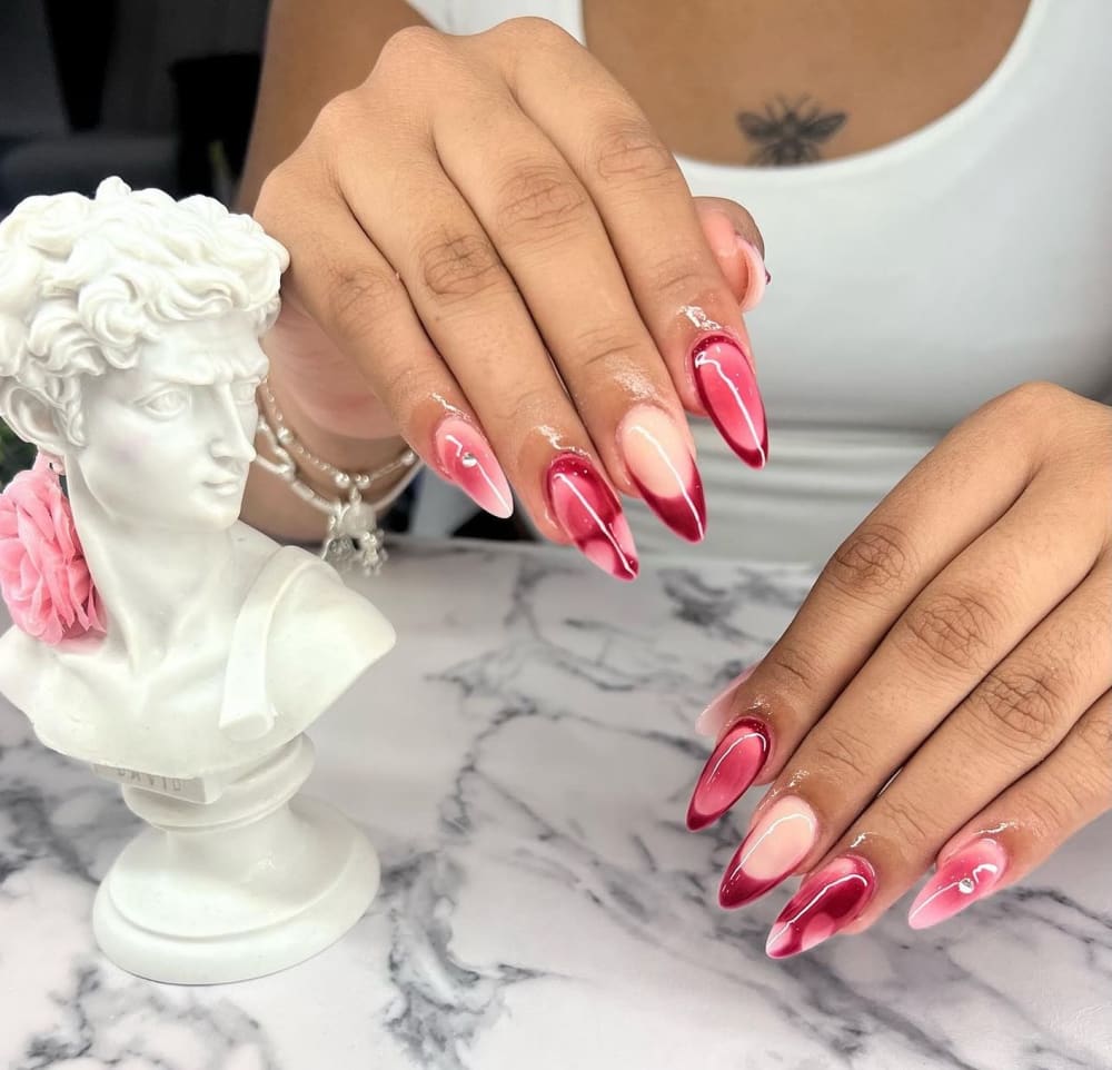 red and pink chrome and nail art nails, almond shape — nail salon in Calhoun, GA — Sonny & Tee