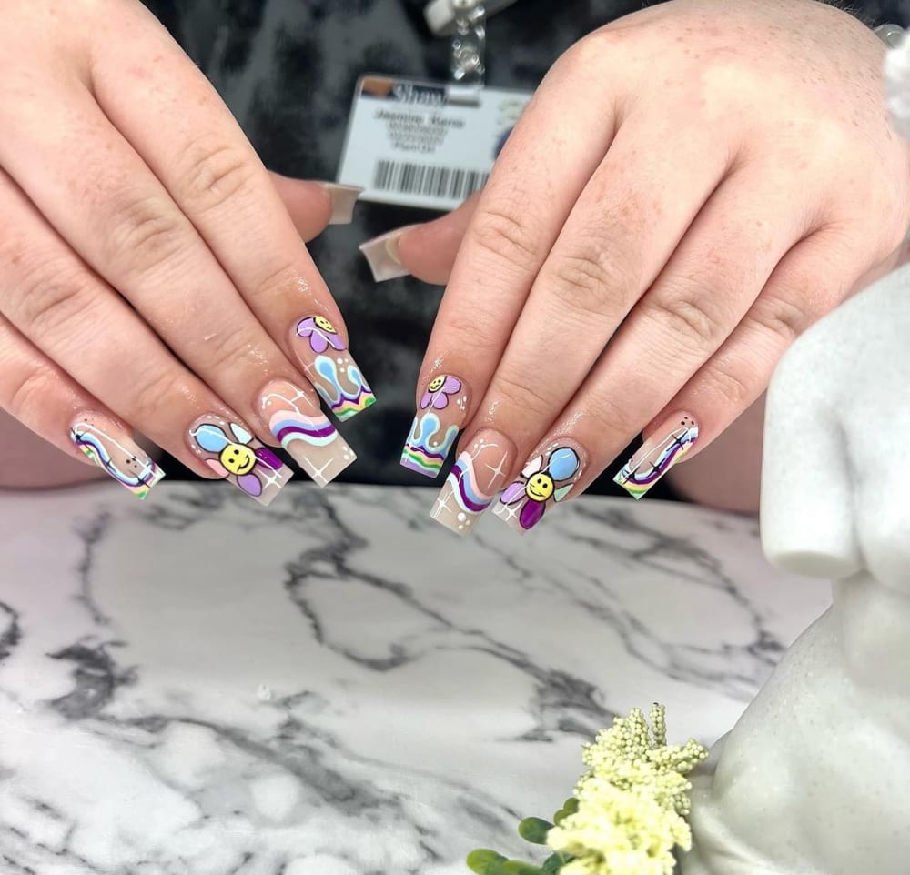 pink and blue french and nail art nails, square shape — nail salon in Calhoun, GA — Sonny & Tee