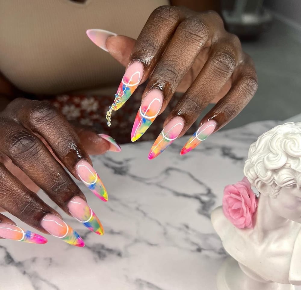 pink and white french and nail art nails, stiletto shape — nail salon in Calhoun, GA — Sonny & Tee