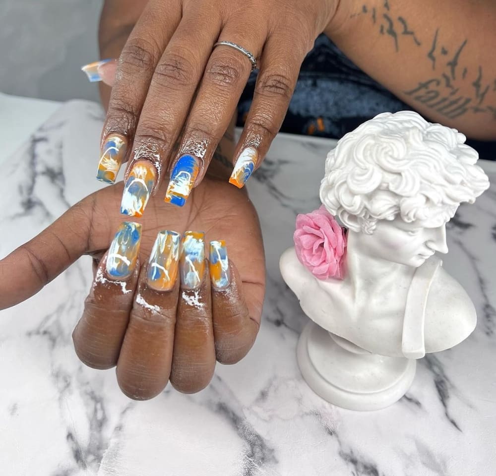 blue and white nail art nails, square shape — nail salon in Calhoun, GA — Sonny & Tee