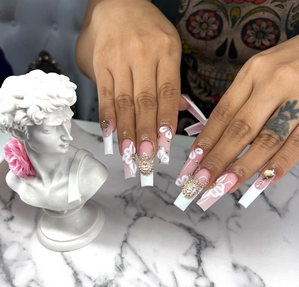 white and pink french and 3D nails, coffin shape — nail salon in Calhoun, GA — Sonny & Tee