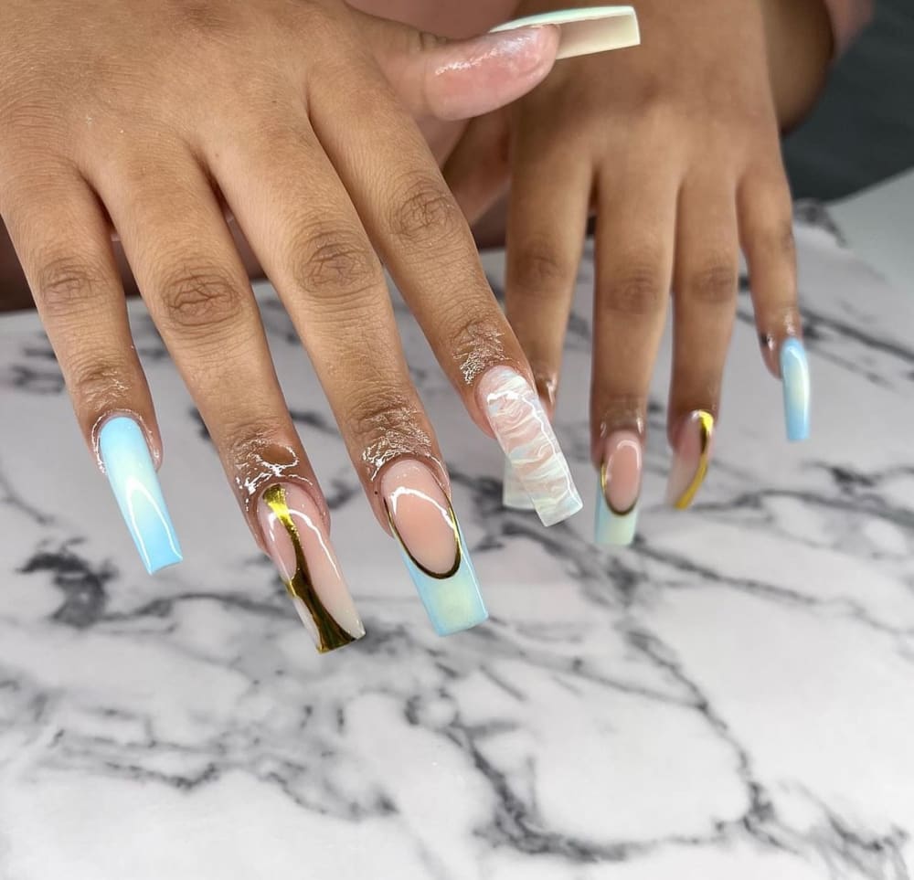 blue and white ombré and chrome nails, coffin shape — nail salon in Calhoun, GA — Sonny & Tee