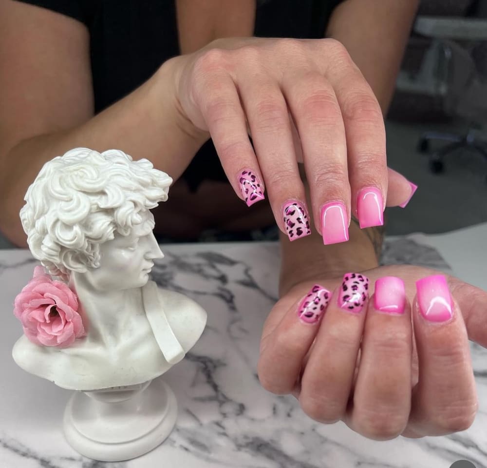 pink and white nail art nails, square shape — nail salon in Calhoun, GA — Sonny & Tee