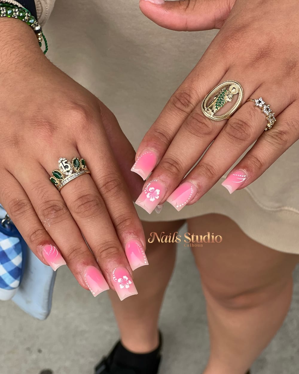 pink and white ombré and nail art nails, square shape — nail salon in Calhoun, GA — Sonny & Tee