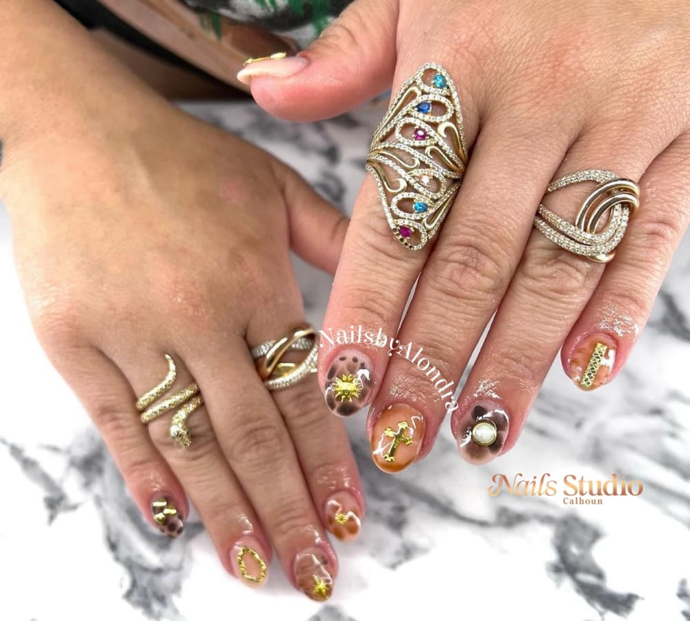 nude and gold 3D and nail art nails, oval shape — nail salon in Calhoun, GA — Sonny & Tee