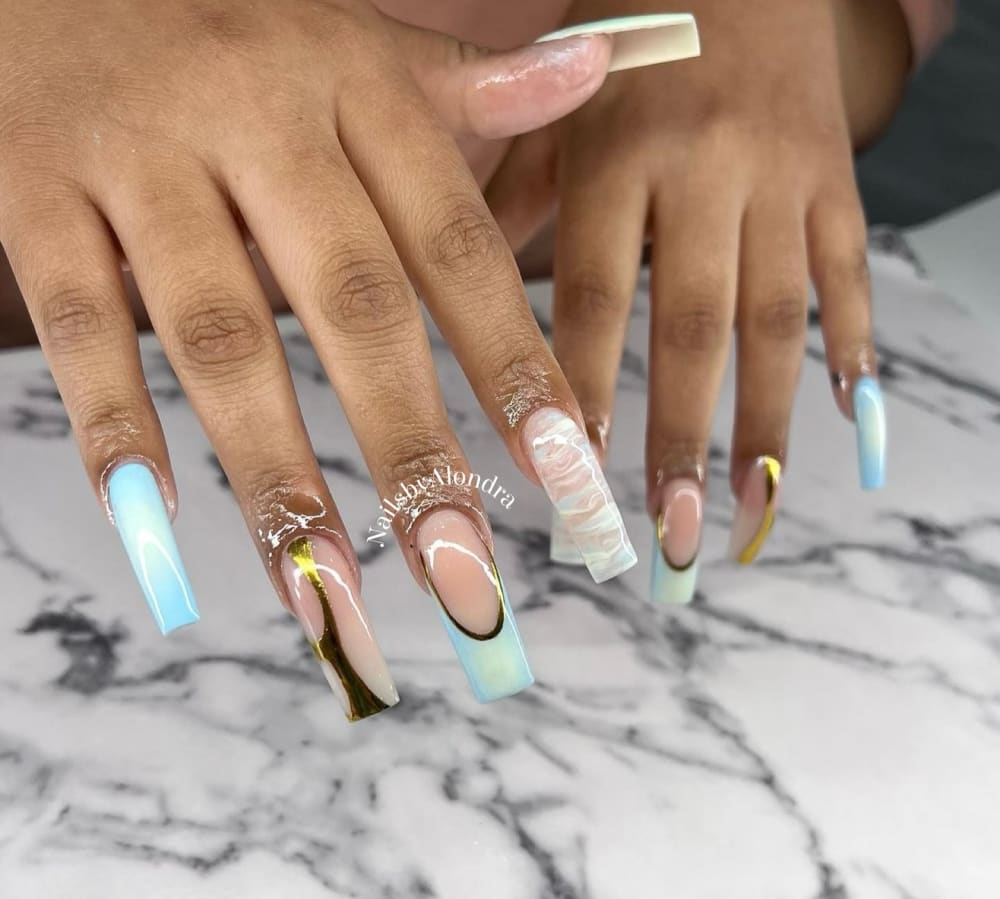 blue and white ombré and chrome nails, coffin shape — nail salon in Calhoun, GA — Sonny & Tee
